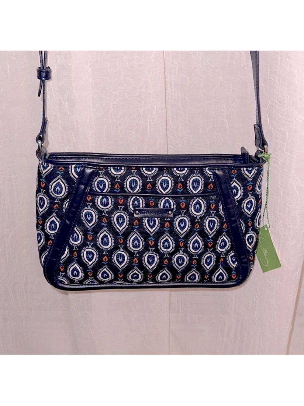 Vera Bradley Navy Blue White Coral Quilted Trimmed Trapeze Crossbody Purse Bag